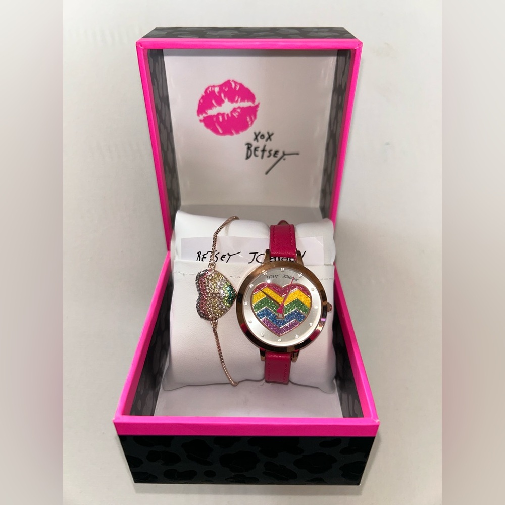 Betsey Johnson Pink Rainbow Heart Watch with Rainbow Heart Bracelet